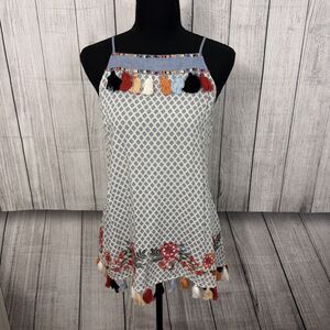 THML Women's Medium Multicolored Embroidered Spaghetti Strap Blouse w/ Tassels